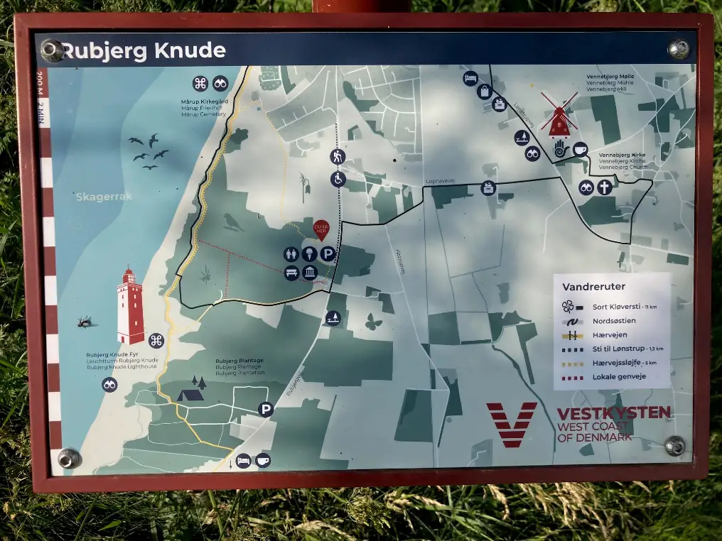 Orienteringsskilt med vandrerutekort ved parkeringen til Rubjerg Knude – viser Nordsøstien, Hærvejen, Sort Kløversti og lokale stier