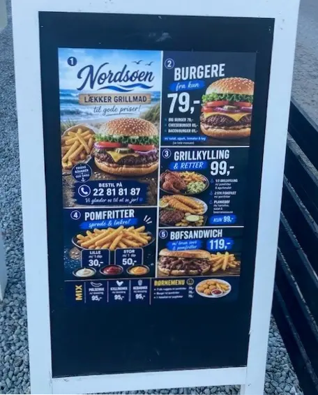 Menukort hos Restaurant Nordsøen – burgere, grillkylling, pomfritter og bøfsandwich Menukort hos Restaurant Nordsøen – burgere, grillkylling, pomfritter og bøfsandwich